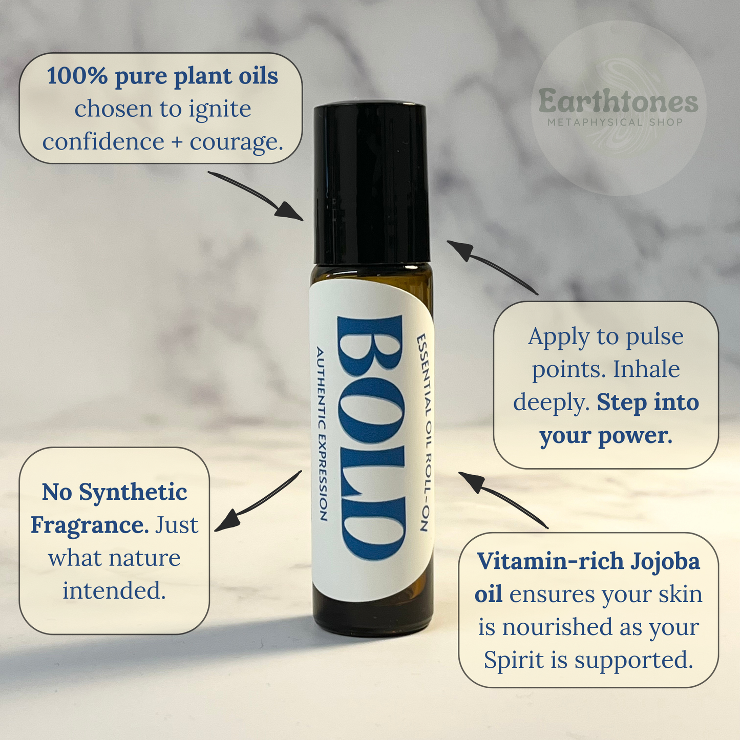 Roll-on bottle labeled 'BOLD' with text about plant oils and their benefits on a neutral background.