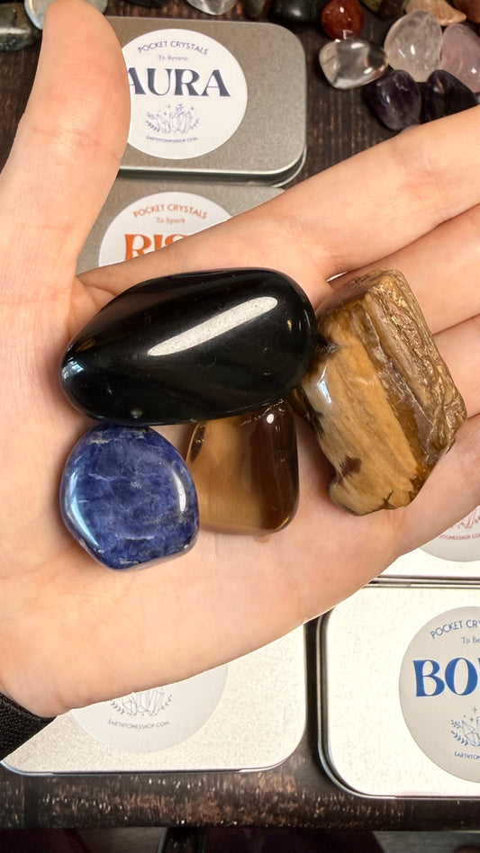 Sodalite, Petrified Wood, Rainbow obsidian, smoky quartz palm of hand