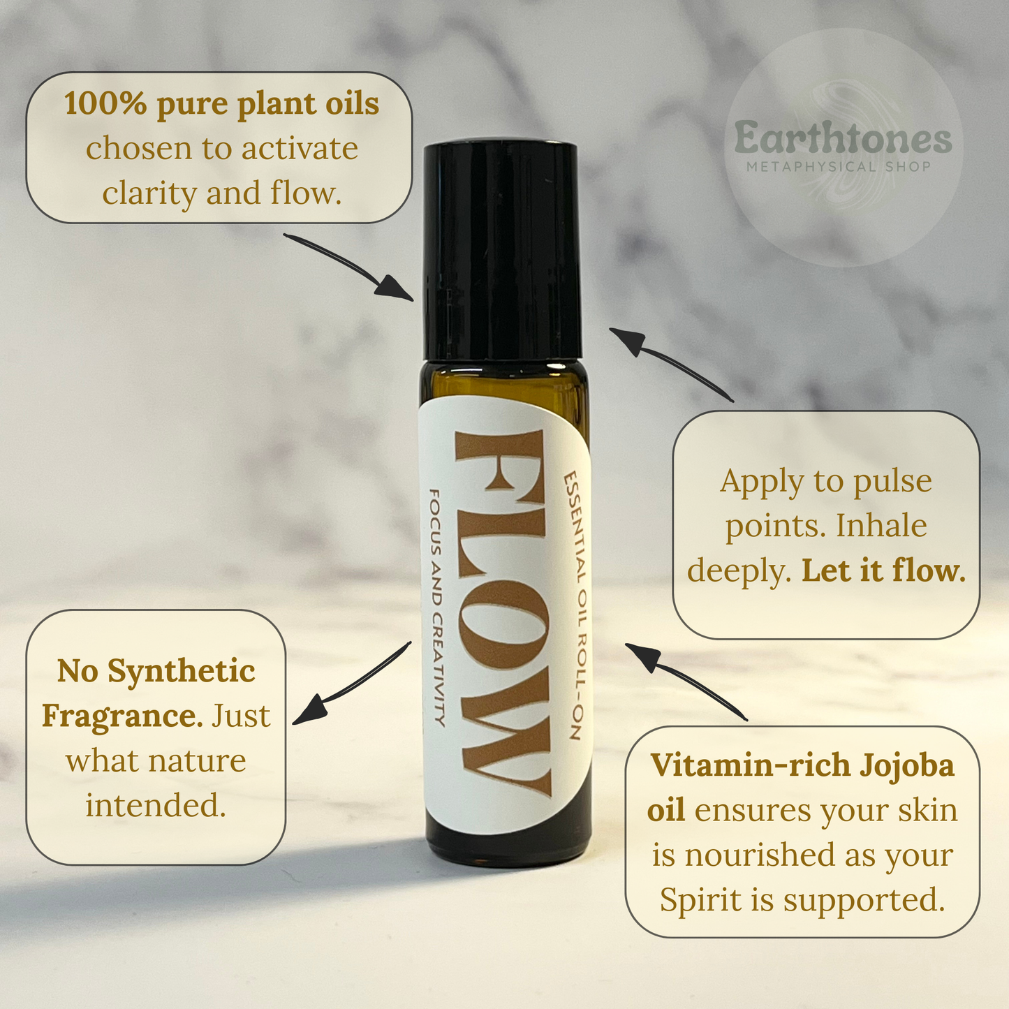 Roll-on bottle labeled 'Flow' with text about plant oils and their benefits on a neutral background.