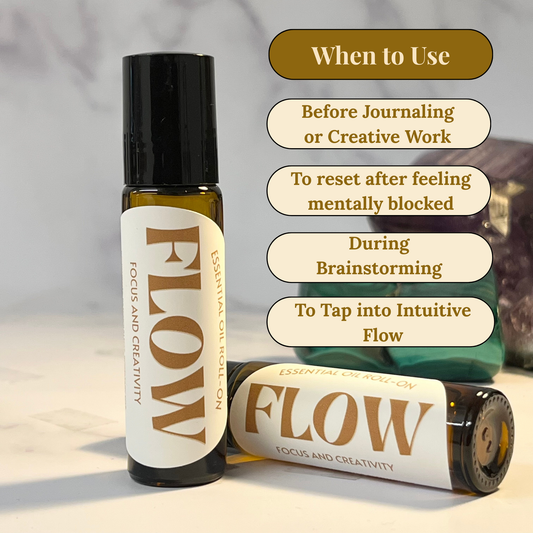 Flow essential oil bottles with usage tips on a neutral background