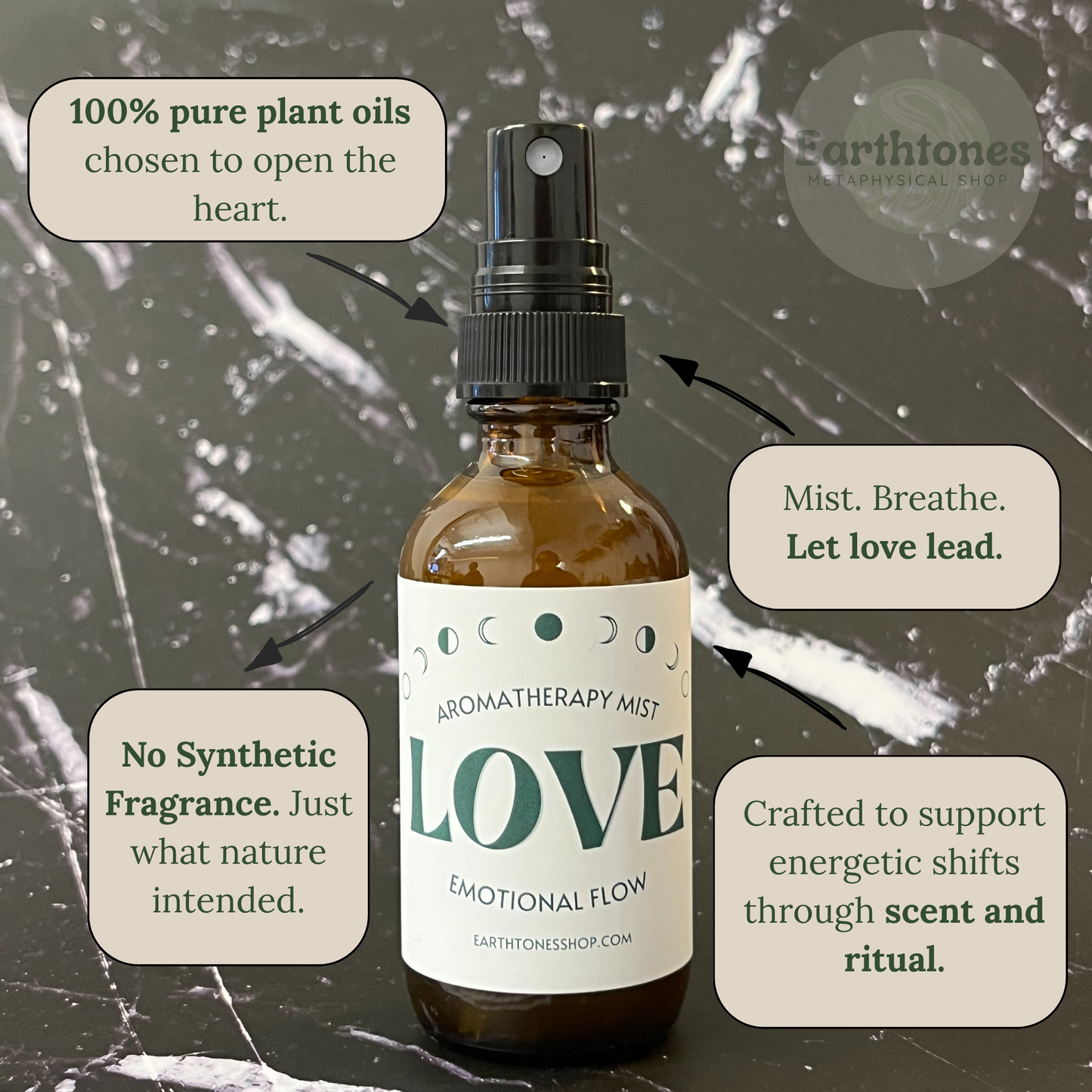 Aromatherapy mist bottle labeled 'LOVE' with text about plant oils and no synthetic fragrances on a textured background.