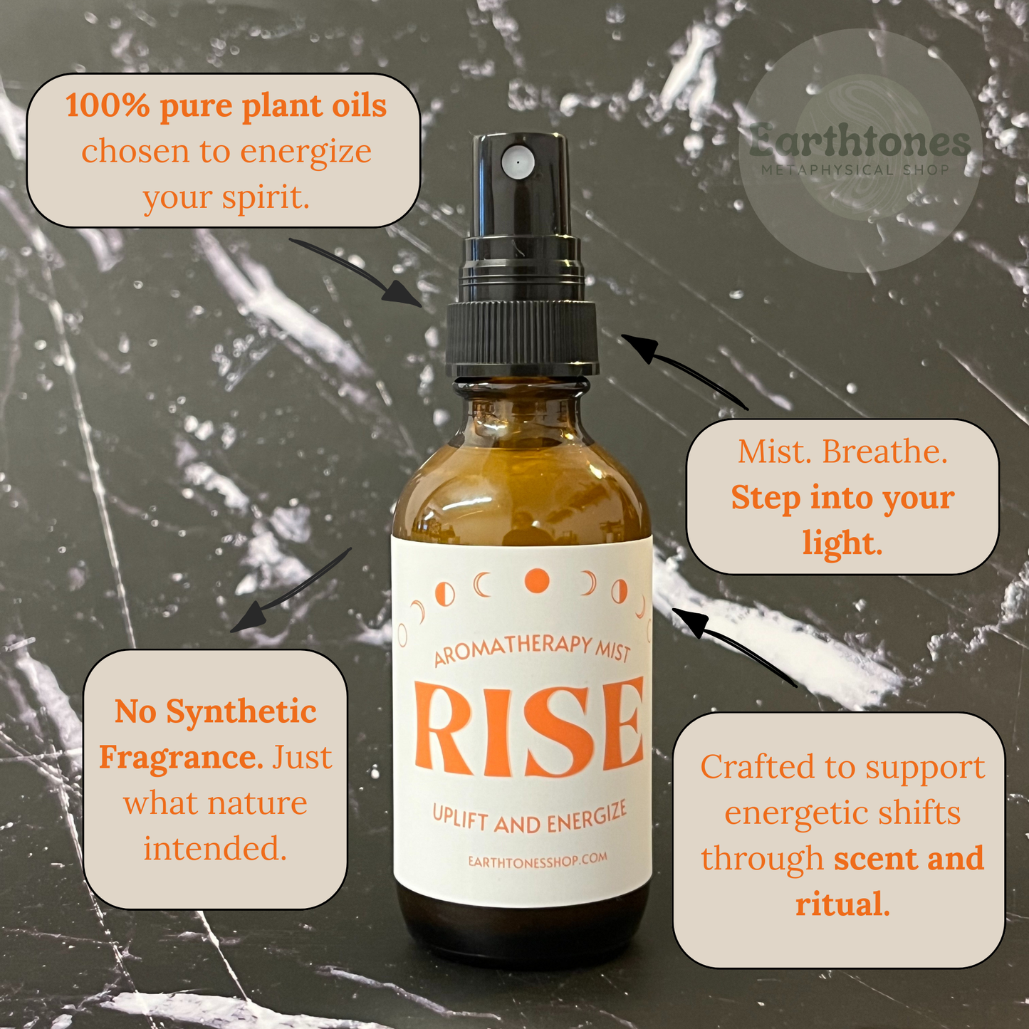 Aromatherapy mist bottle labeled 'RISE' with text about plant oils and energy on a dark background.