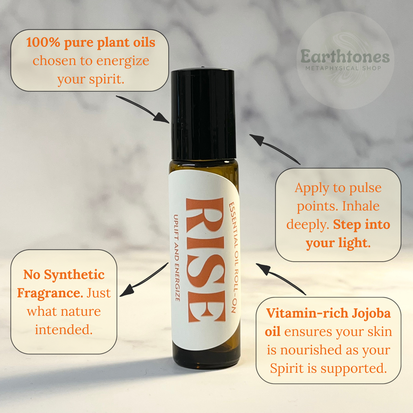 Roll-on bottle labeled 'RISE' with text about plant oils and their benefits on a neutral background.