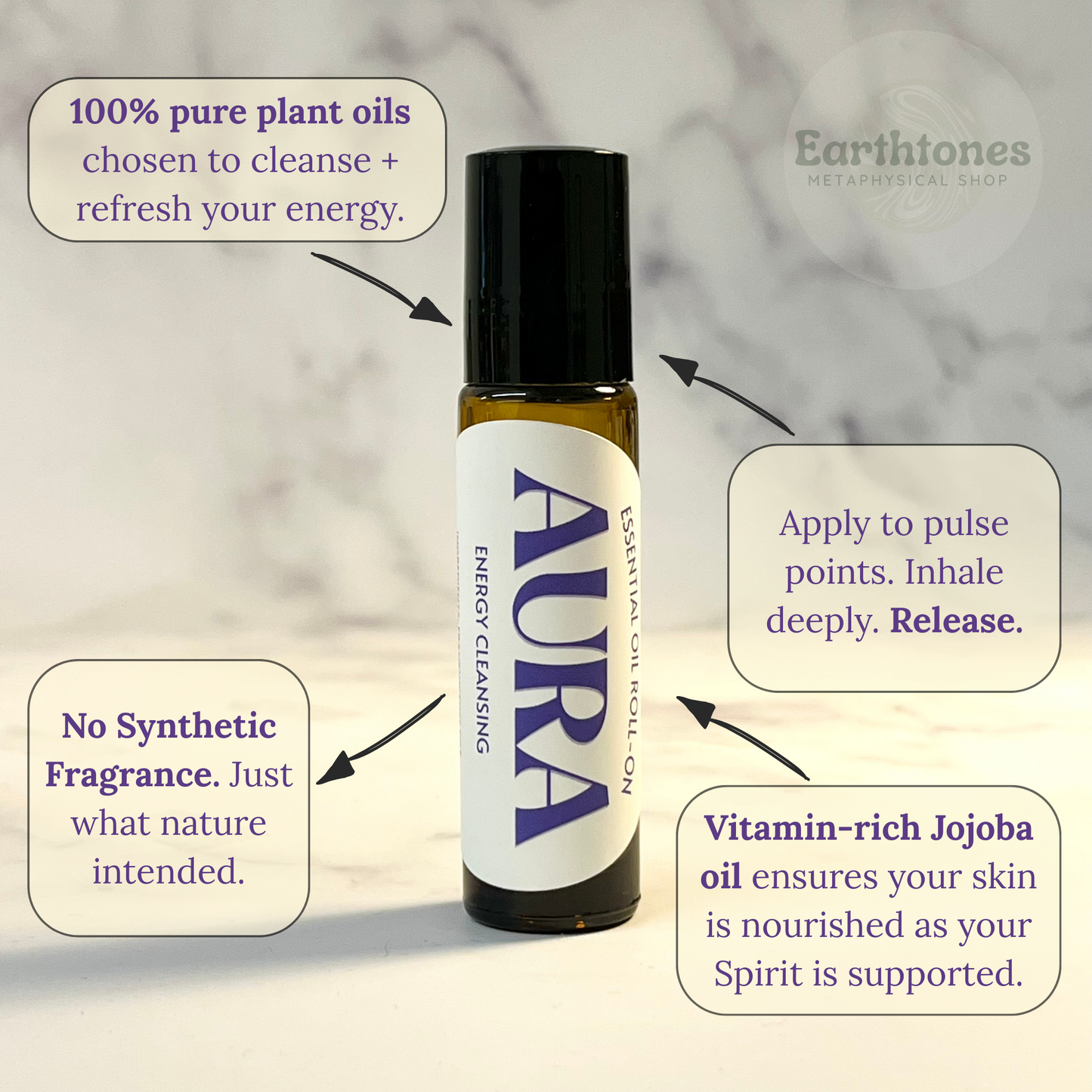 Roll-on bottle labeled 'Aura' with text about plant oils and energy cleansing on a neutral background.