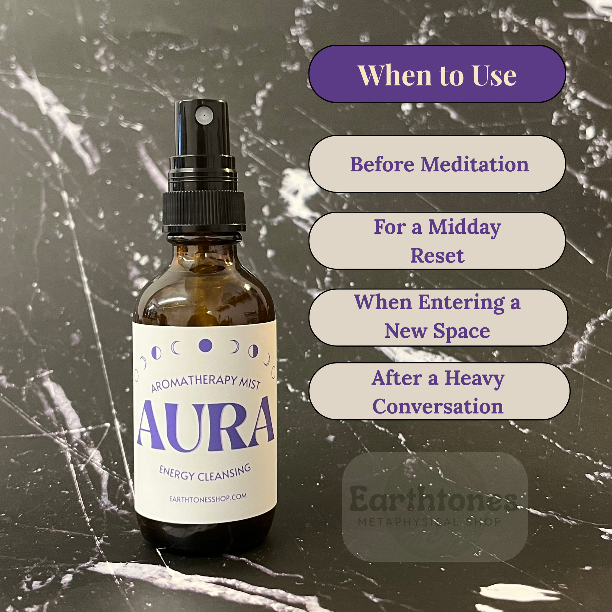 Aromatherapy mist bottle labeled 'Aura' with usage instructions on a textured background