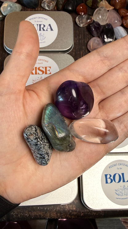 Amethyst, Labradorite, Clear Quartz and Snowflake obsidian in palm of hand 