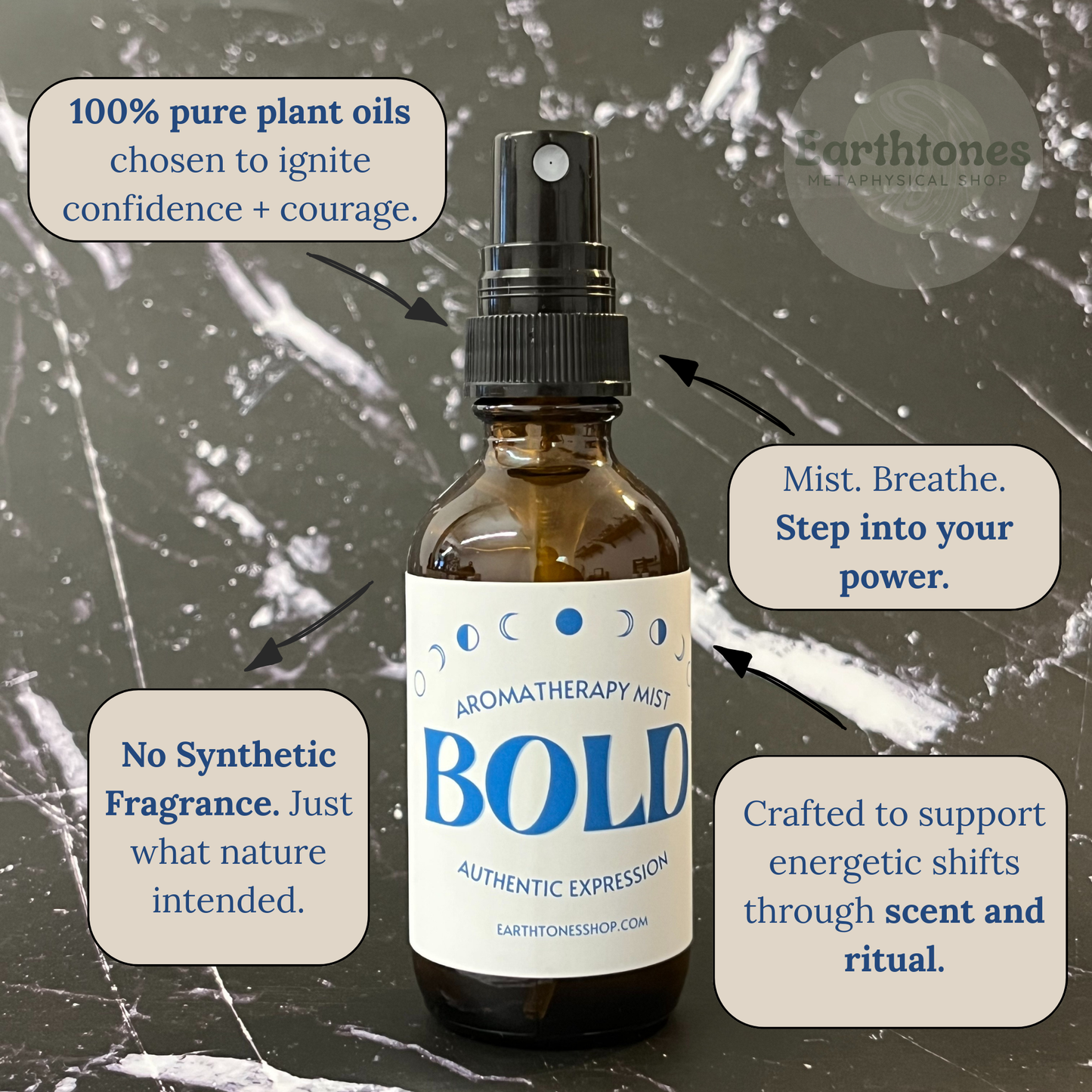 Aromatherapy mist bottle labeled 'BOLD' with text about plant oils and energy on a textured background.
