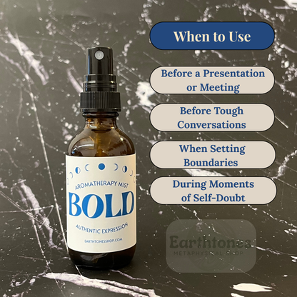 Aromatherapy mist bottle labeled 'BOLD' with usage tips on a textured background