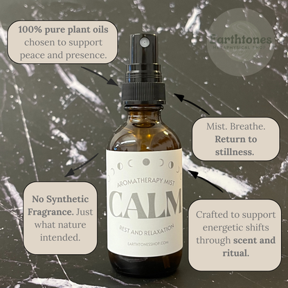 Aromatherapy mist bottle labeled 'Calm' with text about plant oils and a natural background.