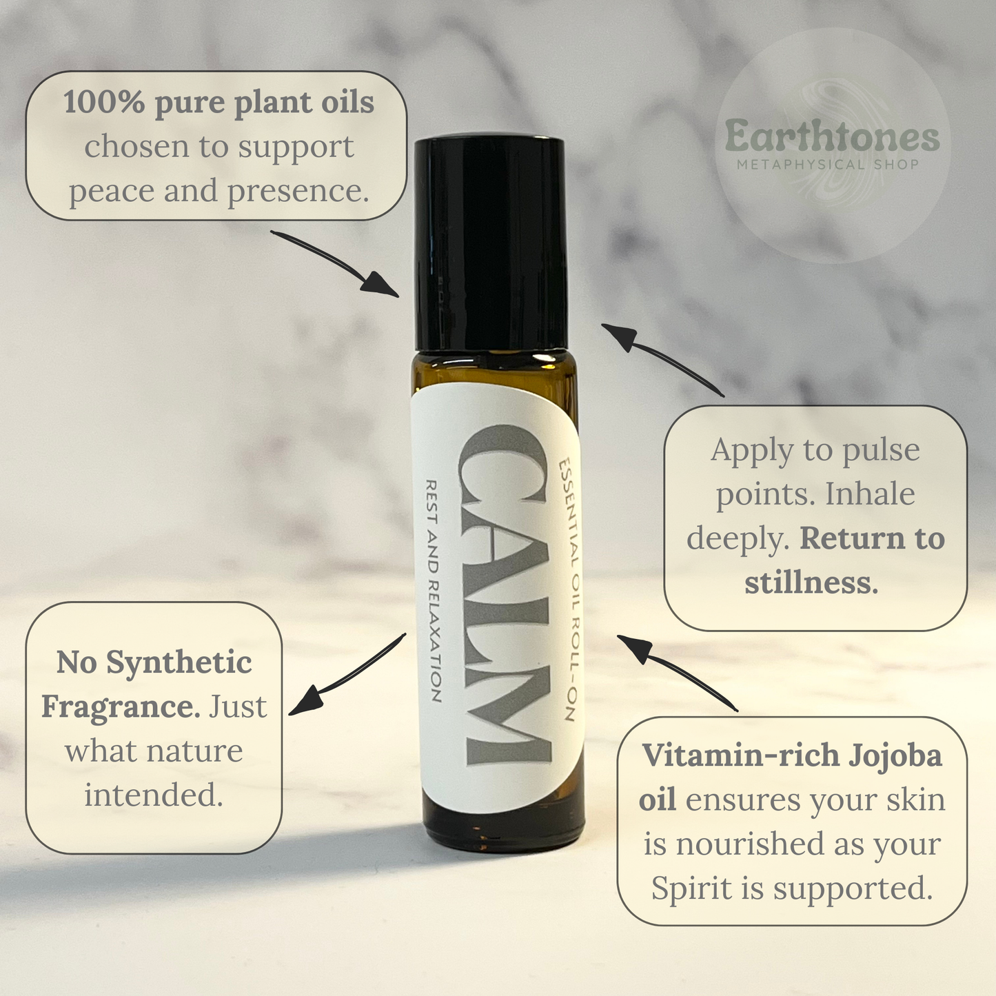Roll-on bottle labeled 'Calm' with text about plant oils and their benefits on a neutral background.