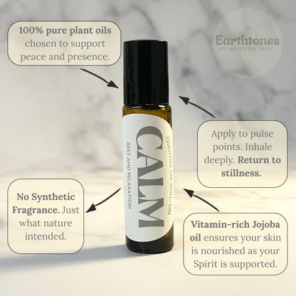 Roll-on bottle labeled 'Calm' with text about plant oils and their benefits on a neutral background.