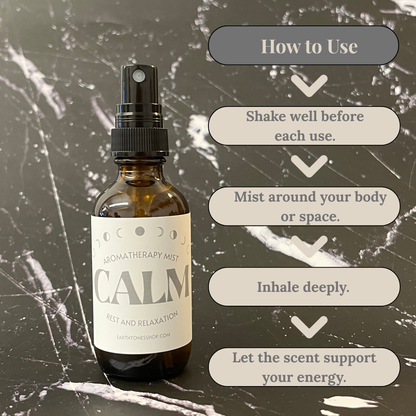 Aromatherapy mist bottle labeled 'CALM' with usage instructions on a textured background