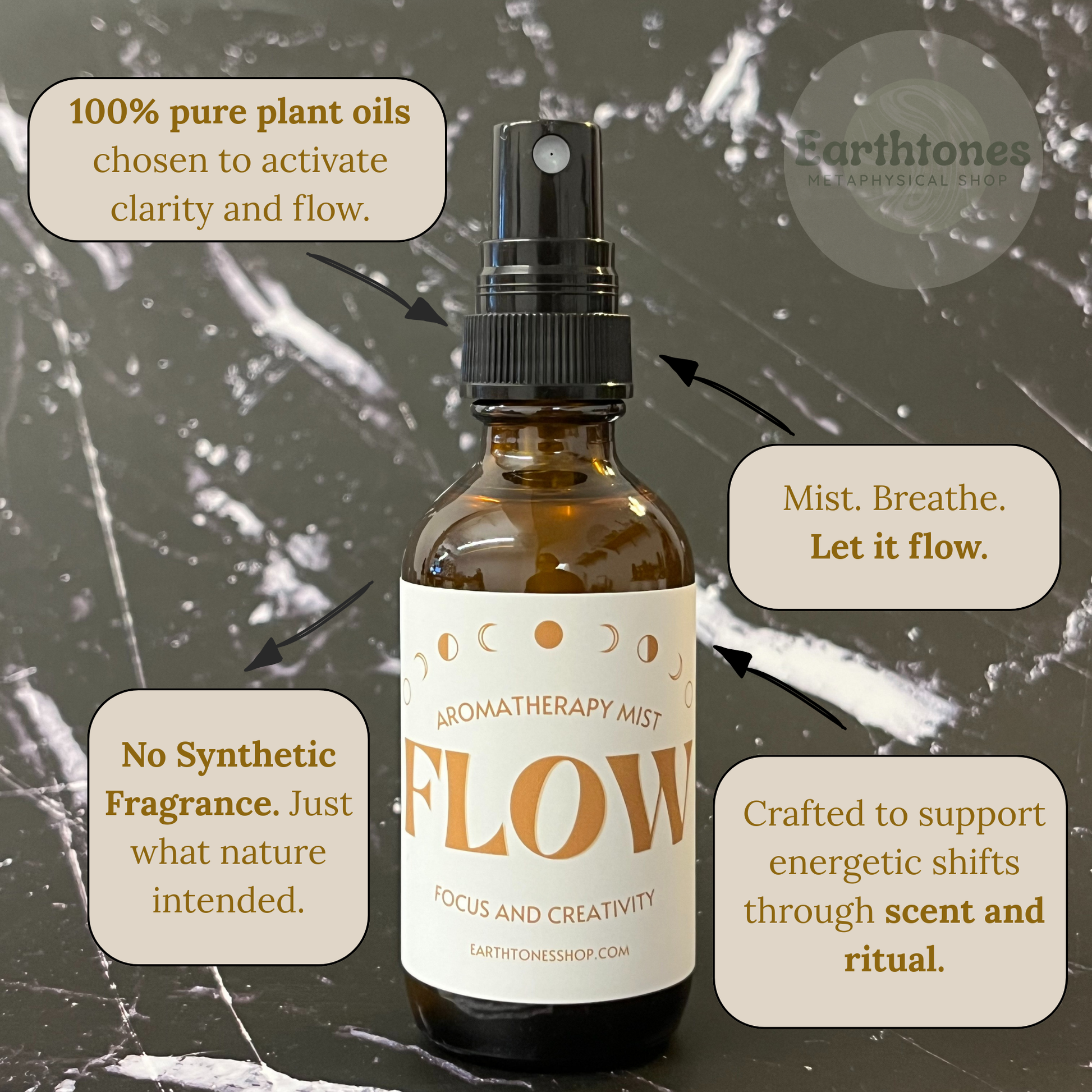 Aromatherapy mist bottle labeled 'Flow' with text about plant oils and benefits on a marble background.
