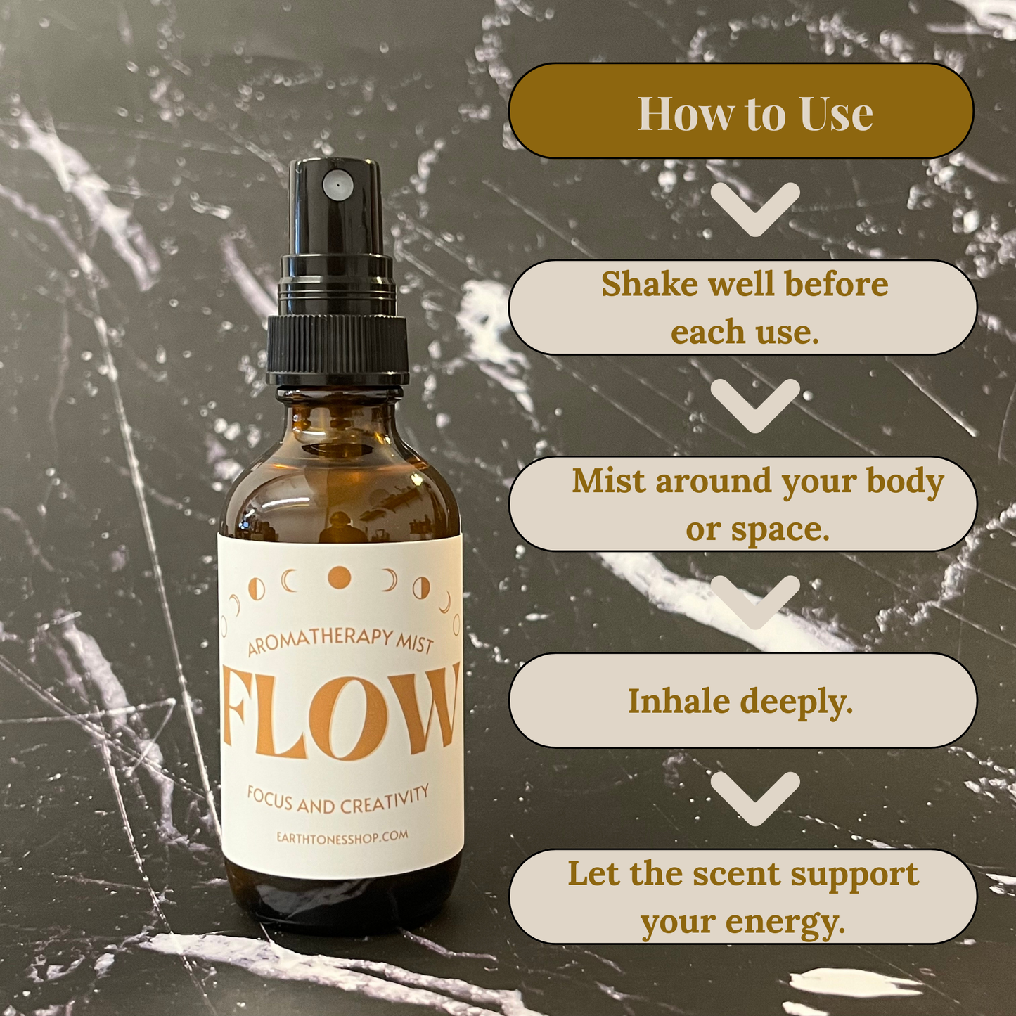 Aromatherapy mist bottle labeled 'Flow' with usage instructions on a textured background