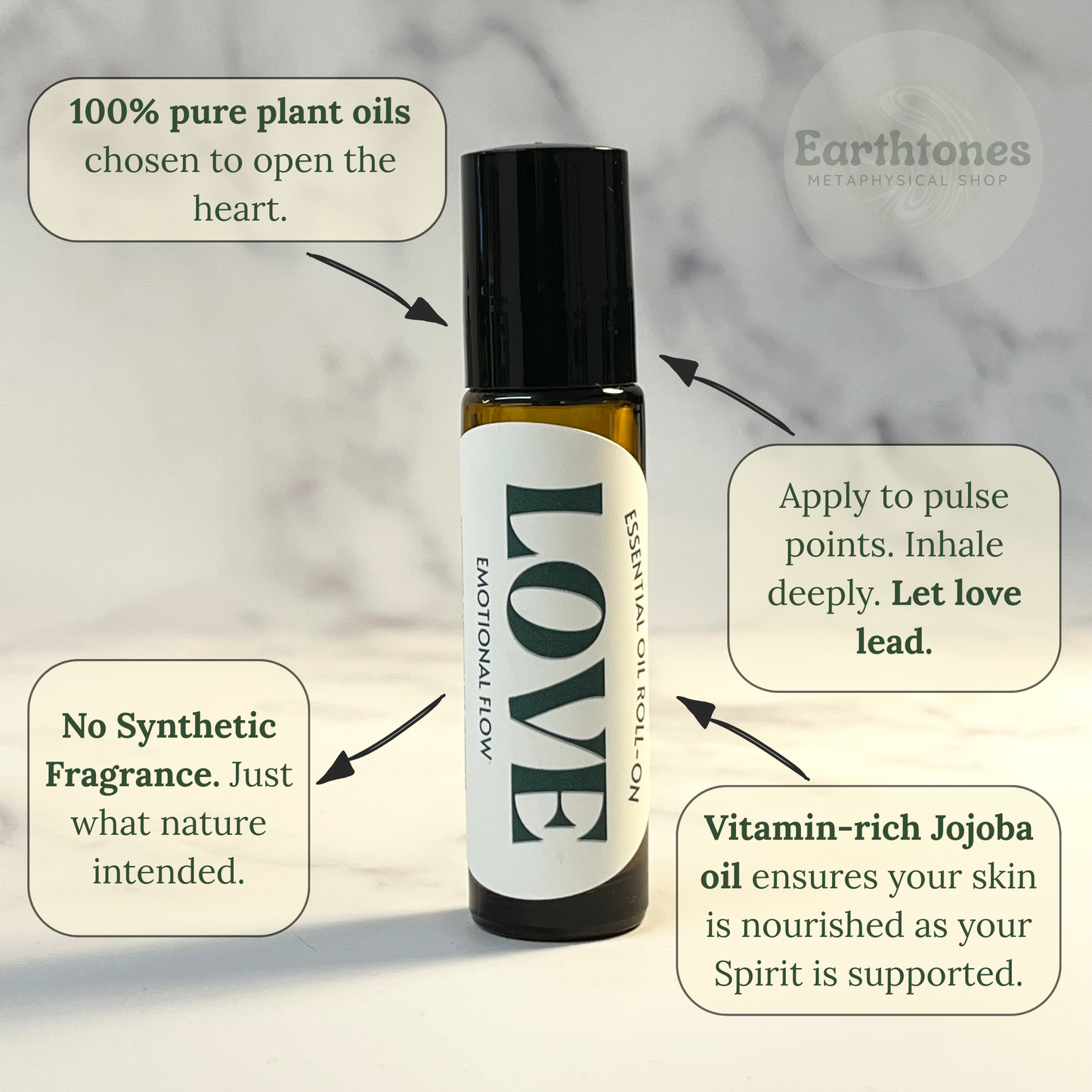 Roll-on bottle labeled 'LOVE' with text about plant oils and vitamin-rich Jojoba oil on a neutral background.