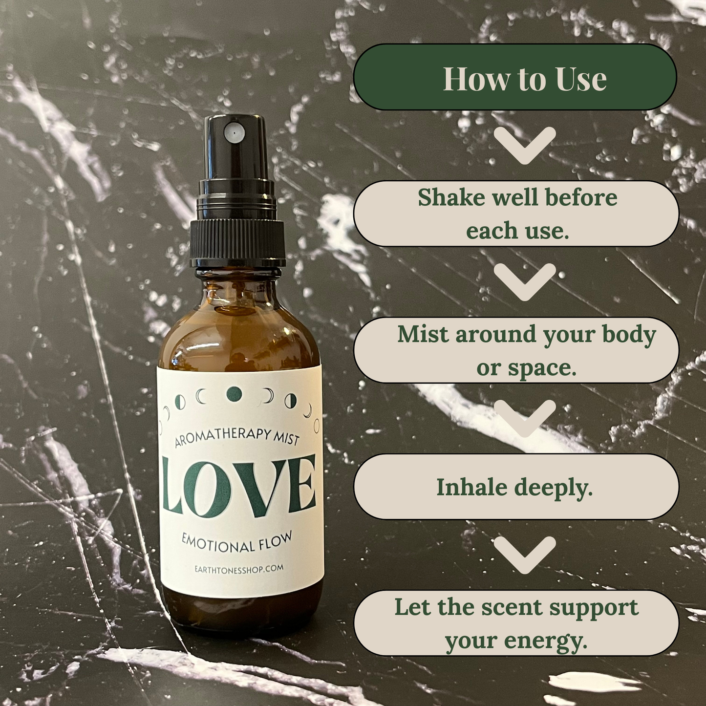 Aromatherapy mist bottle labeled 'LOVE' with usage instructions on a textured background