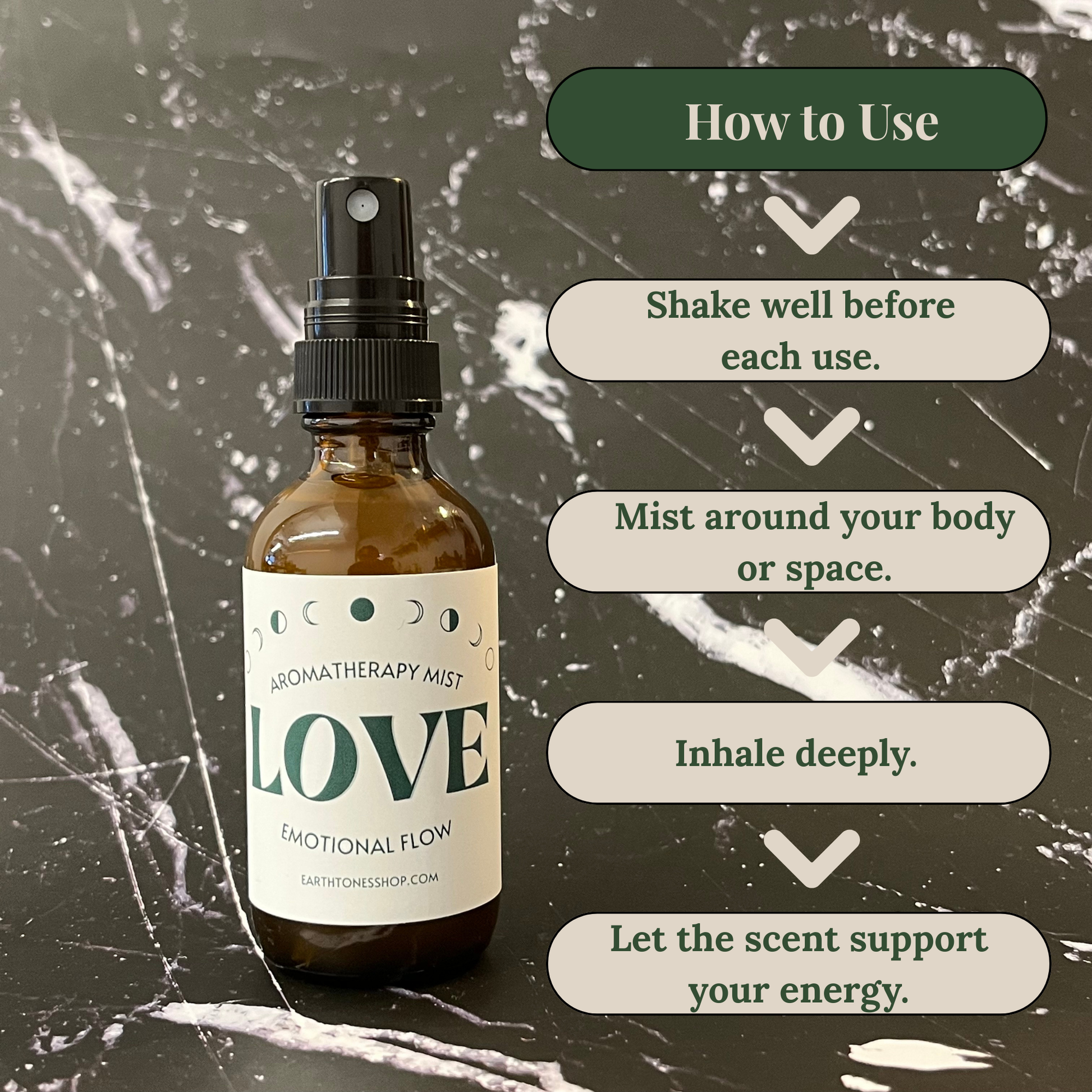 Aromatherapy mist bottle labeled 'LOVE' with usage instructions on a textured background
