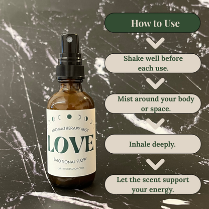 Aromatherapy mist bottle labeled 'LOVE' with usage instructions on a textured background