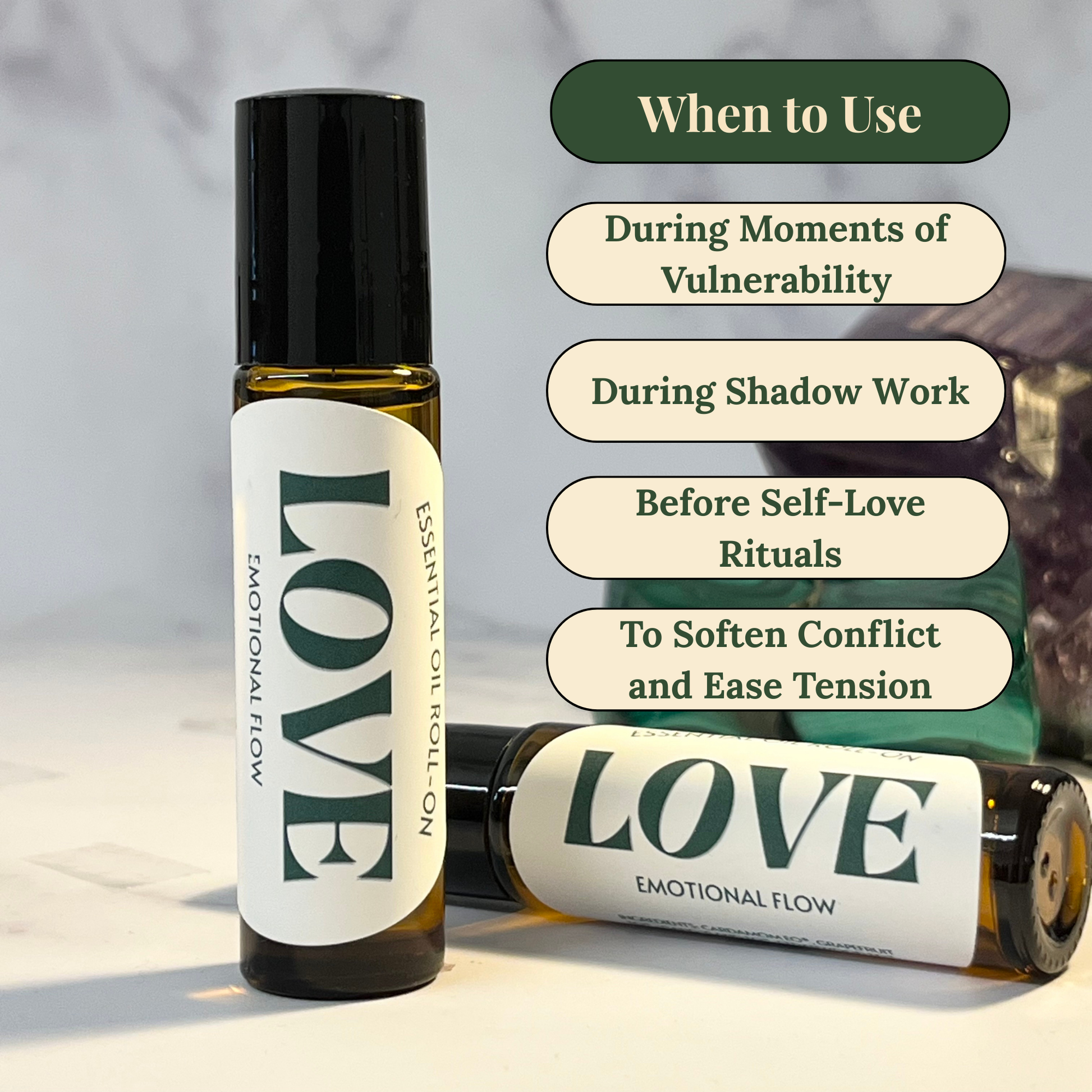 Two 'LOVE' essential oil roll-ons with usage tips on a neutral background