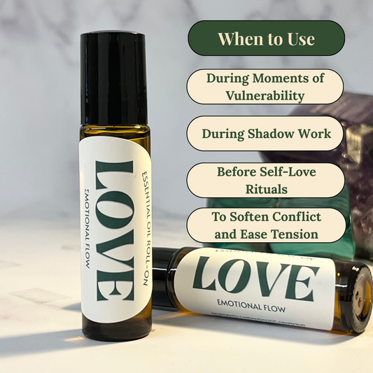 Two 'LOVE' essential oil roll-ons with usage tips on a neutral background