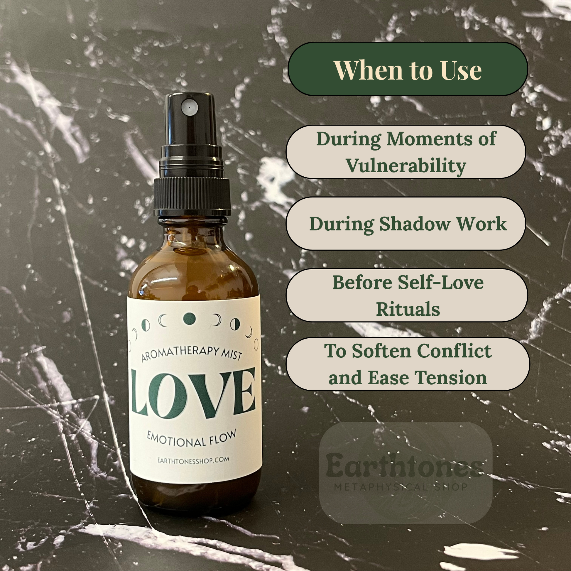 Aromatherapy mist bottle labeled 'LOVE' with usage tips on a textured background
