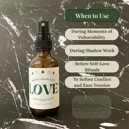 Aromatherapy mist bottle labeled 'LOVE' with usage tips on a textured background