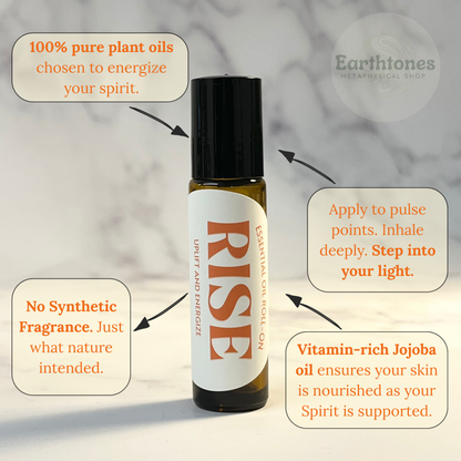 Roll-on bottle labeled 'RISE' with text about plant oils and their benefits on a neutral background.