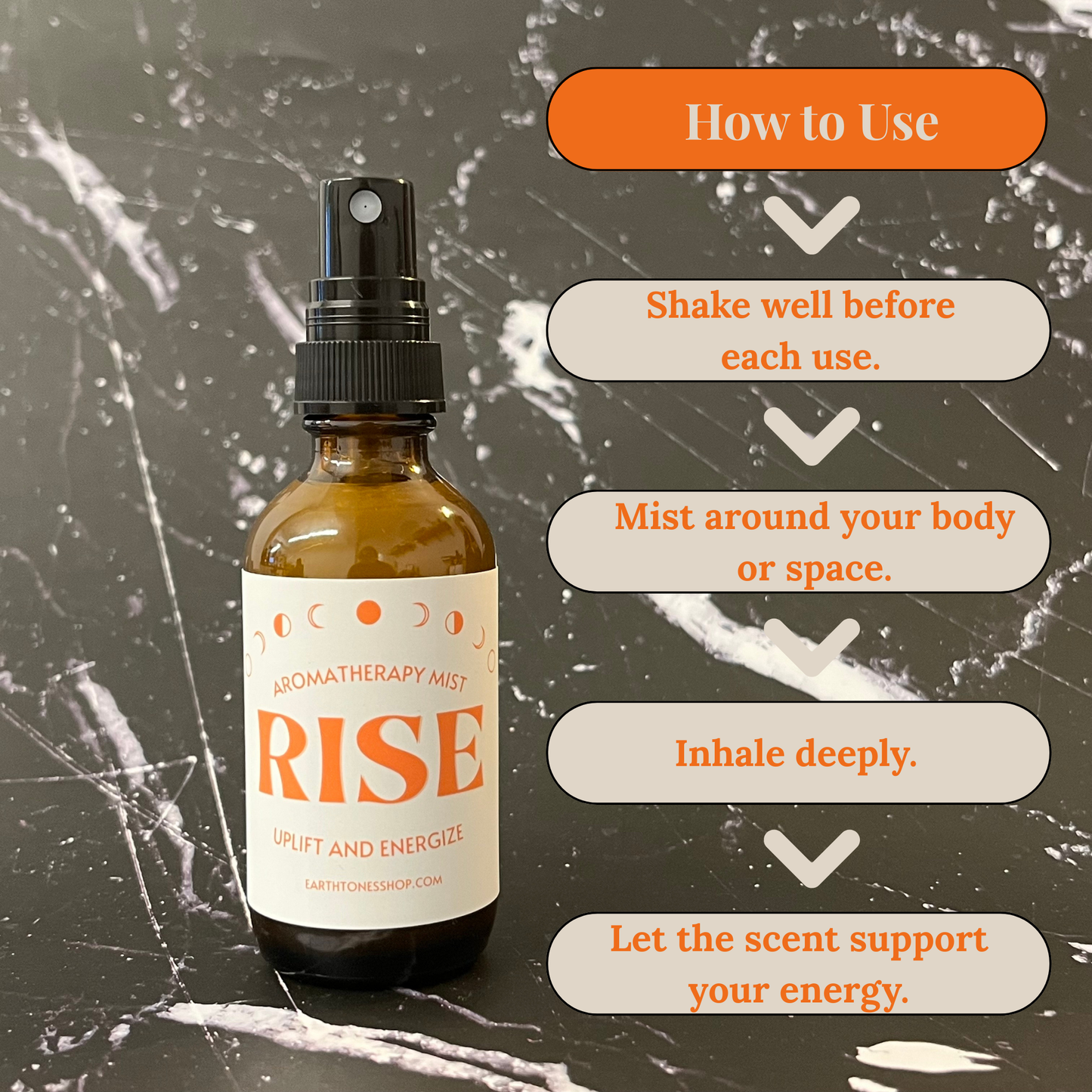 Aromatherapy mist bottle labeled 'RISE' with usage instructions on a textured background