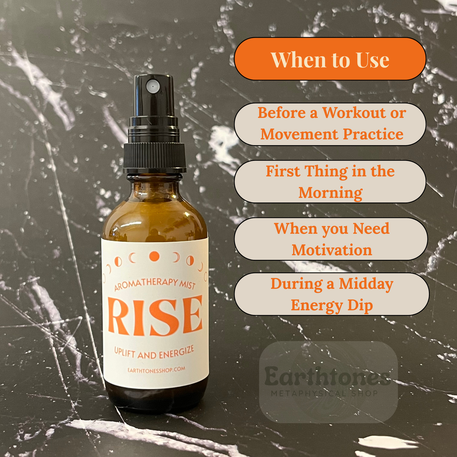 Aromatherapy mist bottle labeled 'RISE' with usage tips on a textured background