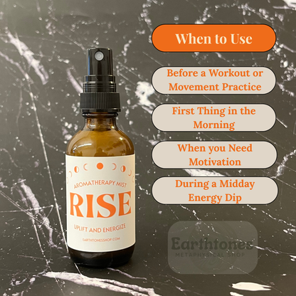 Aromatherapy mist bottle labeled 'RISE' with usage tips on a textured background