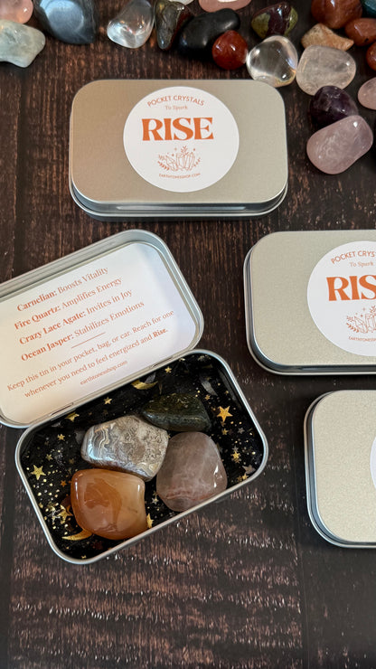 Carnelian, Fire Quartz, Crazy Lace Agate and Ocean Jasper in tin on faux wood background 