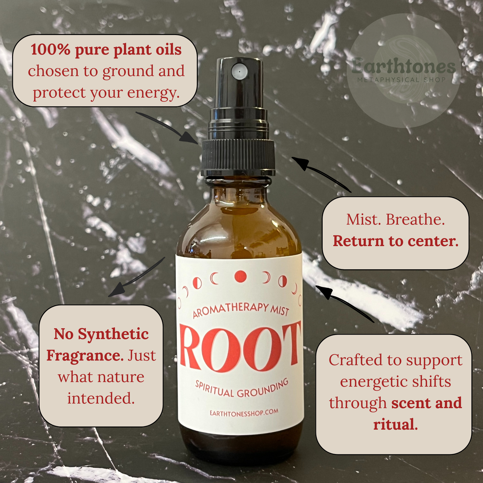 Aromatherapy mist bottle labeled 'Root' on a textured background with text about plant oils and energy.