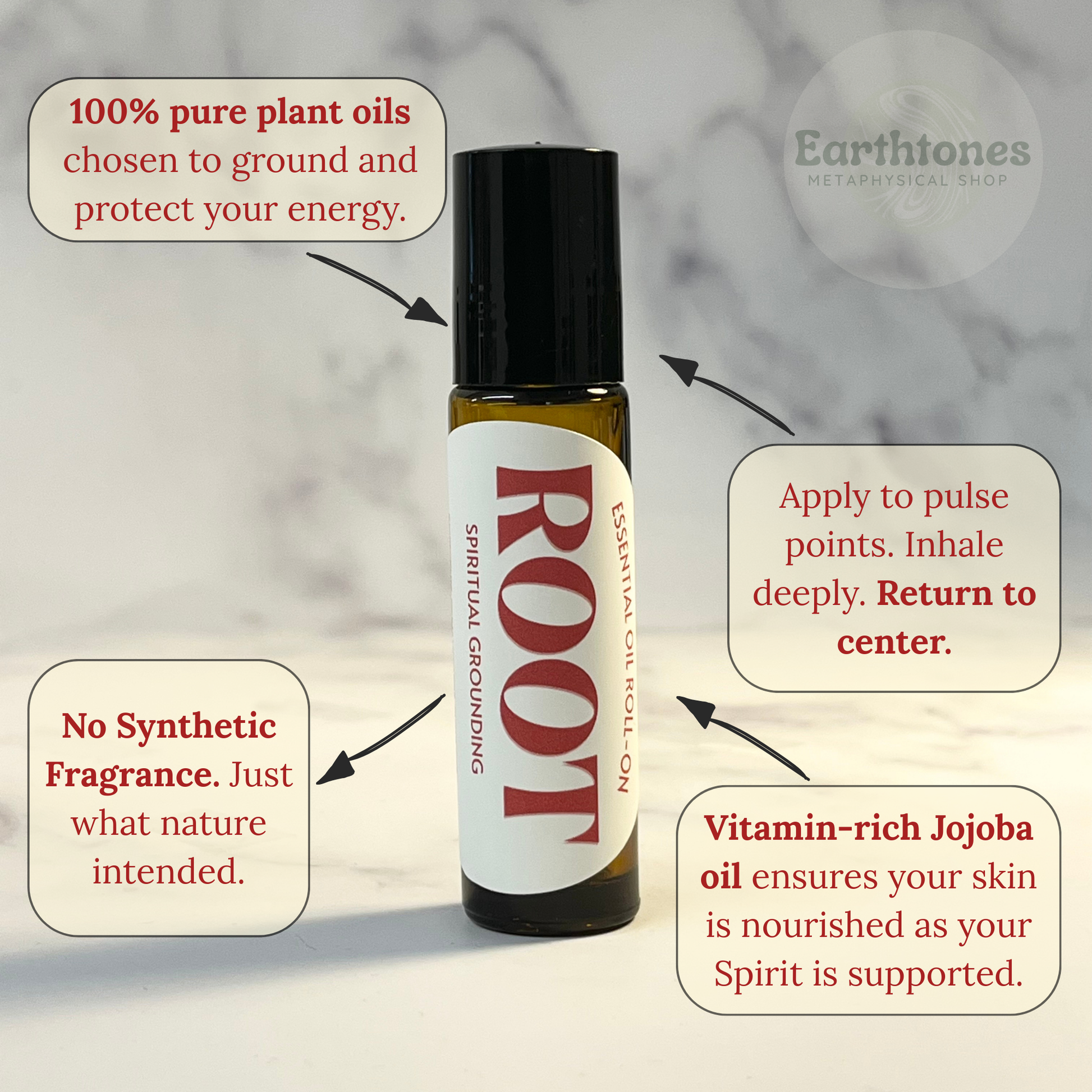 Roll-on bottle labeled 'Root' with text about plant oils and their benefits on a neutral background.