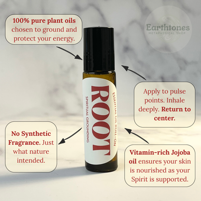 Roll-on bottle labeled 'Root' with text about plant oils and their benefits on a neutral background.