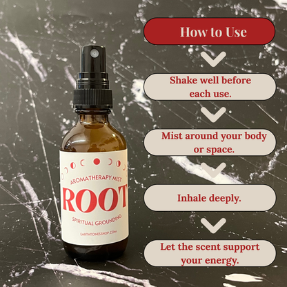 Aromatherapy mist bottle labeled 'Root' with usage instructions on a textured background