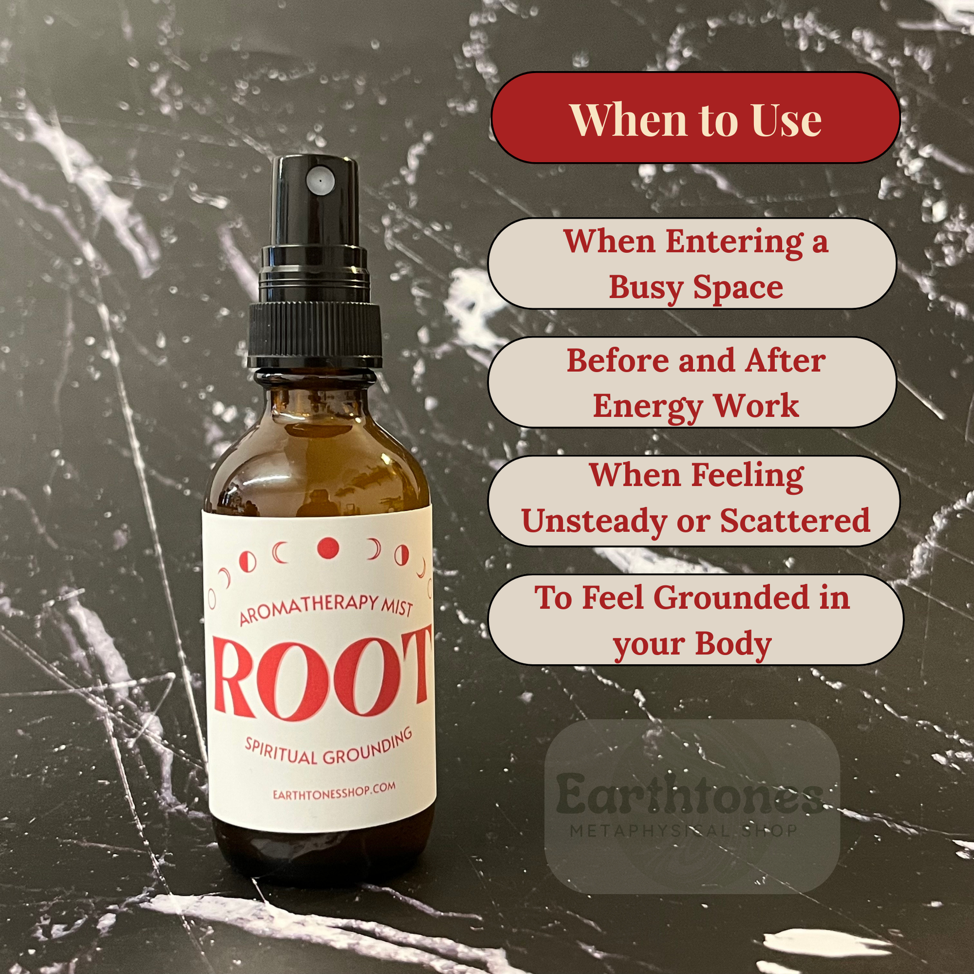 Aromatherapy mist bottle labeled 'Root' with usage instructions on a textured background