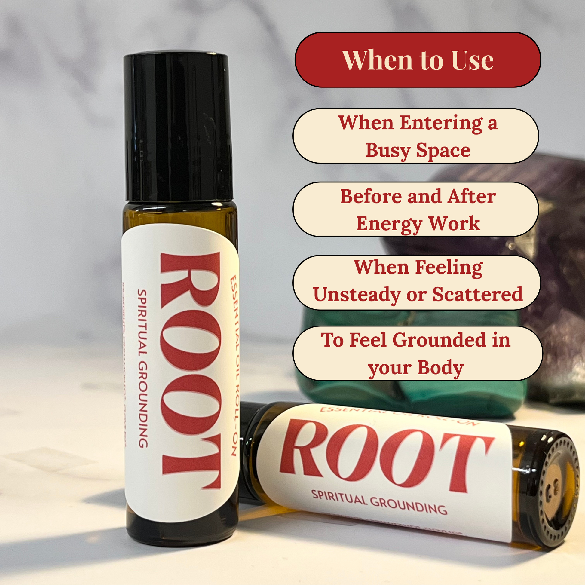 Two bottles of 'ROOT' spiritual grounding oil with usage instructions on a neutral background