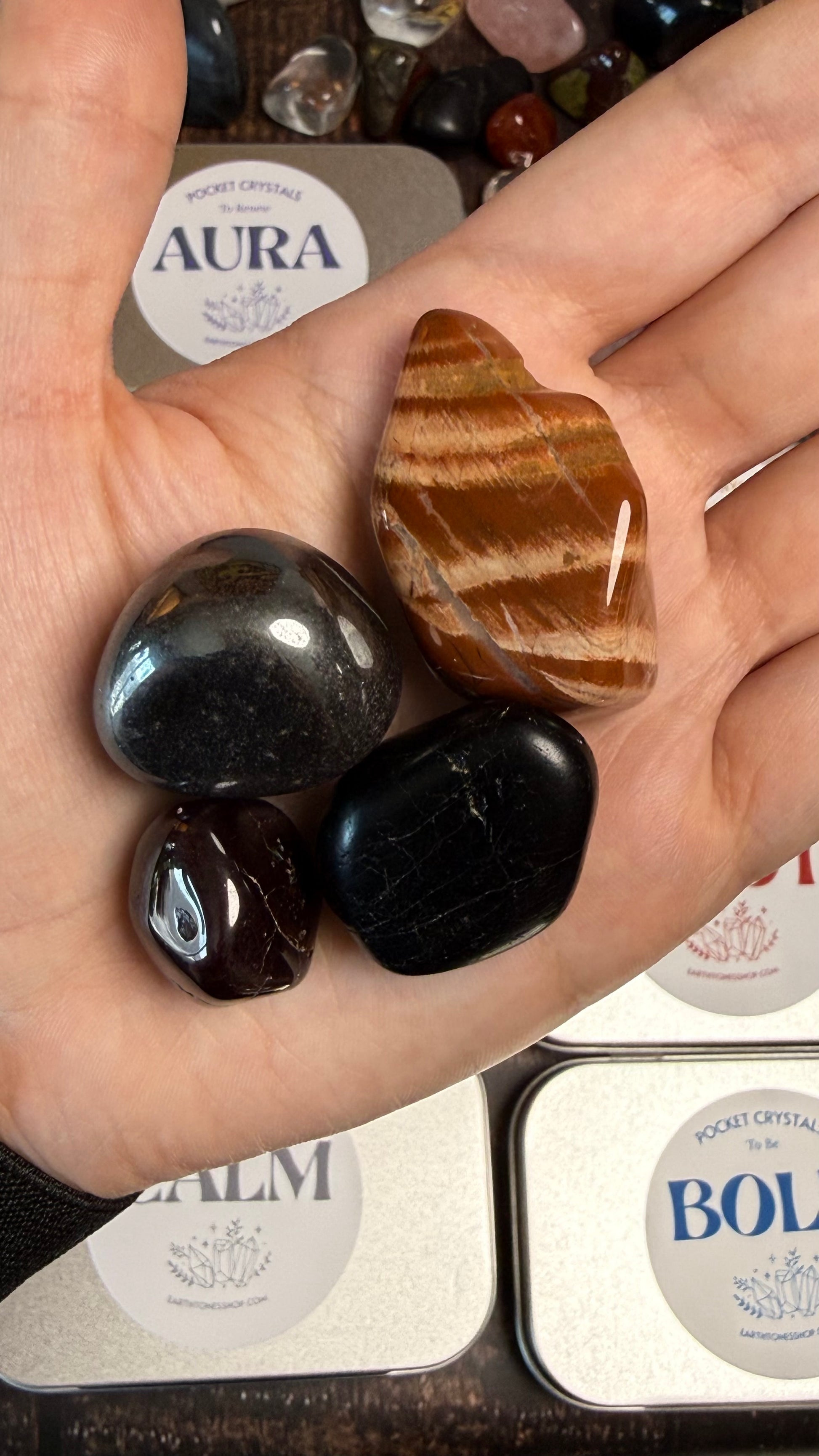 Garnet, Black tourmaline, Red Jasper & Hematite in palm of hand